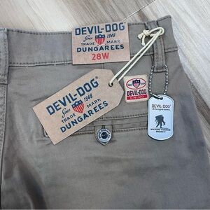 New Devil-Dog Dungarees Mens Size 28W Dark Khaki Tan 7” Chino Shorts Dog Tag NWT
